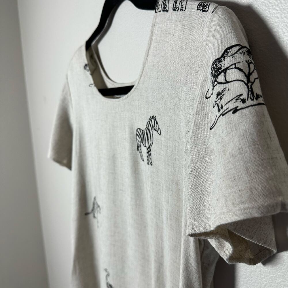 Vintage 90s Connie Choy Safari Animal Print Midi Dress Rayon Linen Tie Waist S M - Picture 11 of 16
